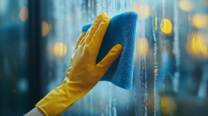 Close-Up of Hands in Yellow Gloves Wiping Window with Blue Microfiber Cloth, Professional Cleaning Service for Spotless Glass Close-Up of Hands in Yellow Gloves Wiping Window with Blue Microfiber Cloth, Professional Cleaning Service for Spotless Glass